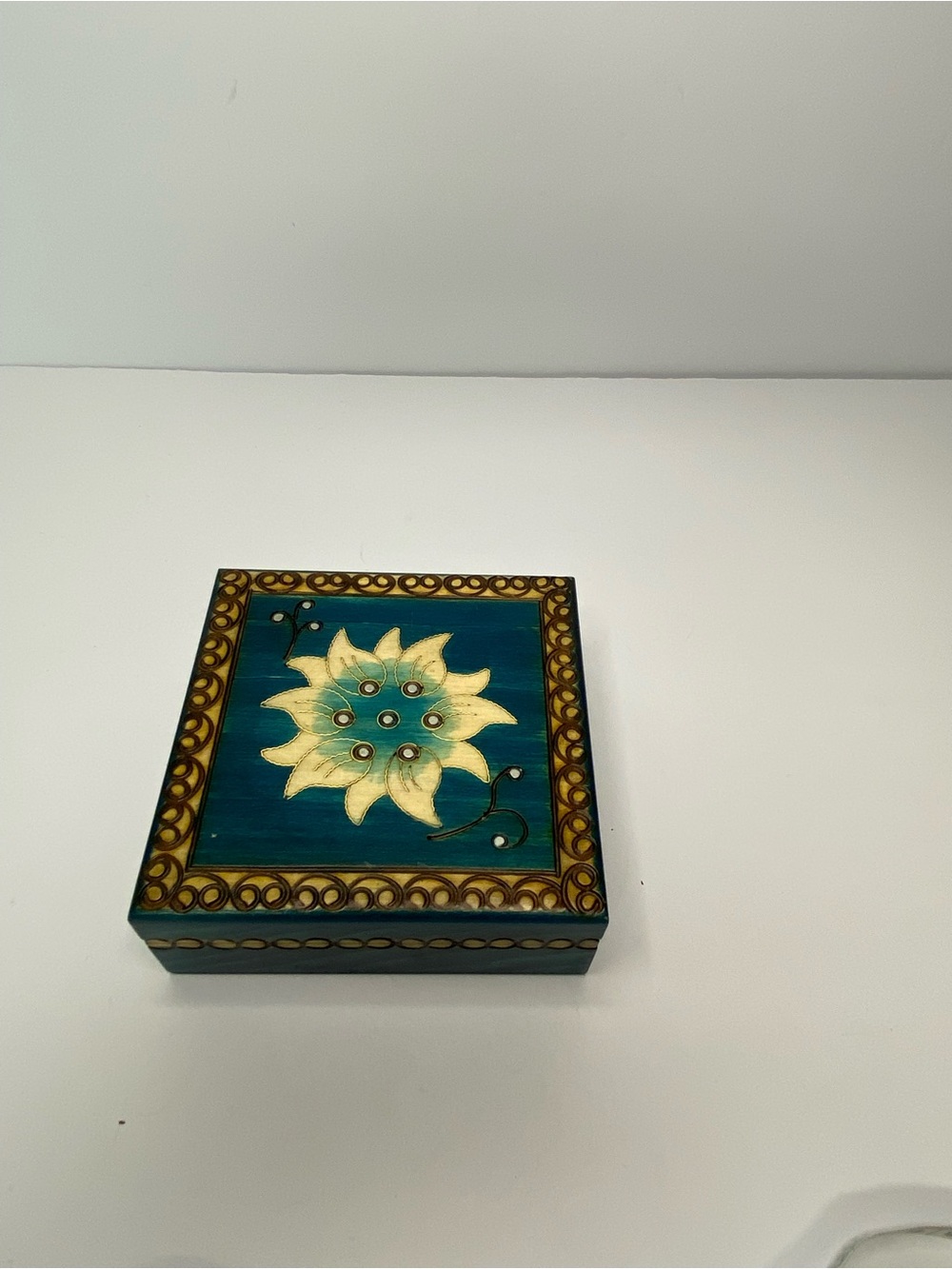 Handcrafted Wooden Keepsake Box Blue Floral Pyrography Trinket Box Velvet Lined